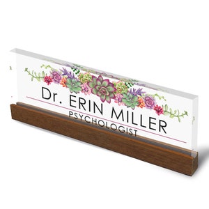 Personalized Name Plate for Desk | Succulents Design On Clear Acrylic Glass | Custom Office Decor Nameplate Sign | Personalized Gift