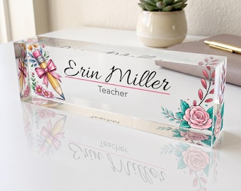 Artblox Teacher Desk Name Plate Custom Personalized Name Plates for Desks | Flowers Book Designs On Clear Acrylic Glass | Office Desk Decor