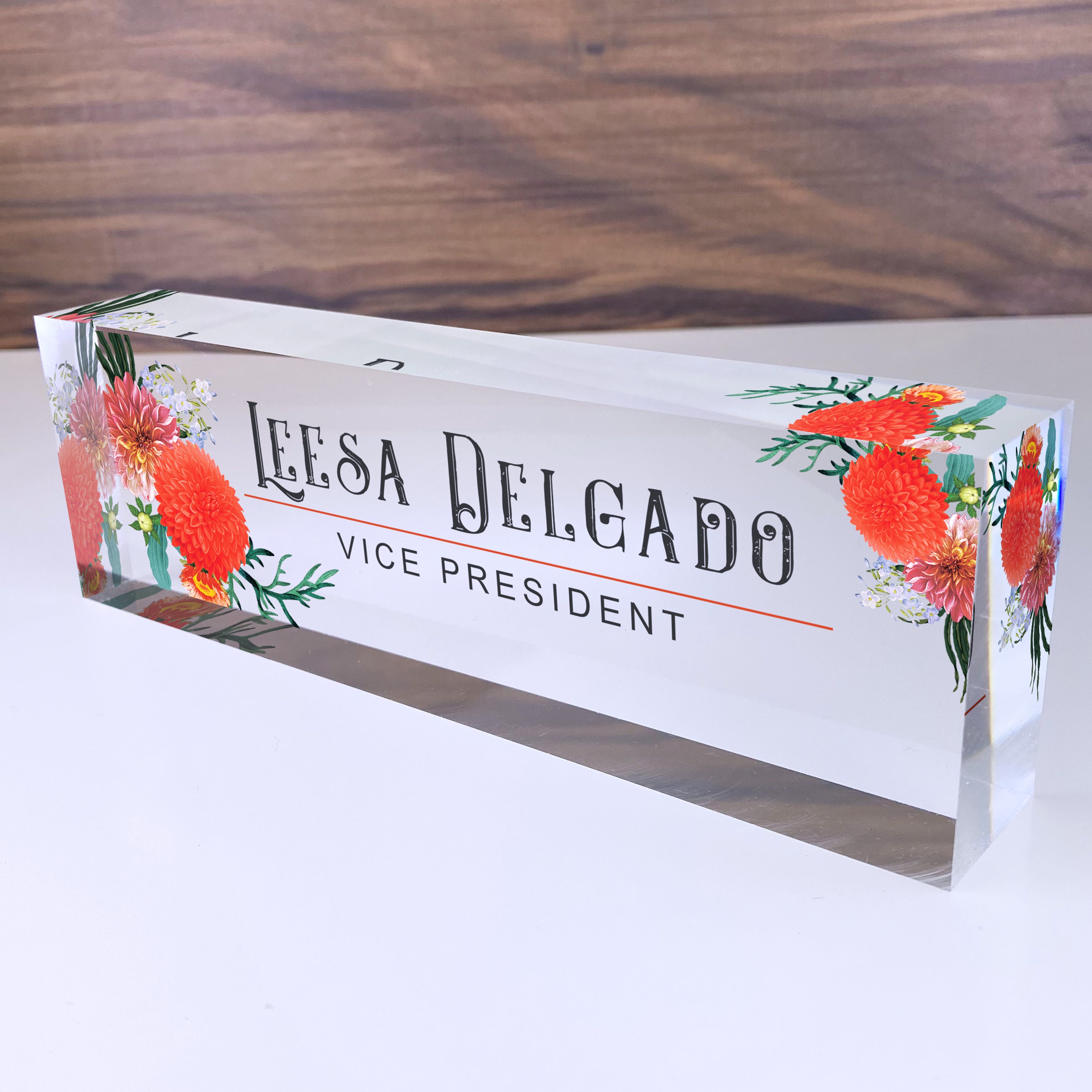 Personalized Desk Name Plate Autumn Flowers Design Office Desk Decor On Clear Acrylic Glass