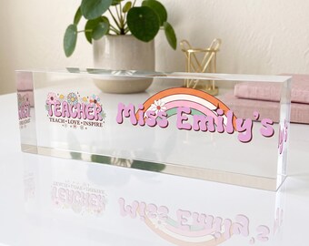 Artblox Teacher Desk Name Plate Custom Personalized Name Plates for Desks | Flowers Book Designs On Clear Acrylic Glass | Office Desk Decor