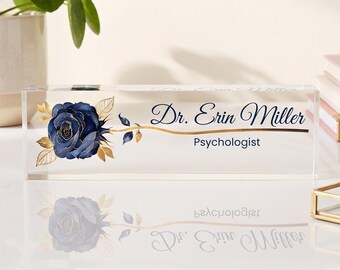 Personalized Custom Nameplate Clear Acrylic Desk Plaque Featuring Modern Blue Rose Design Beautiful Therapy Office Accessory!