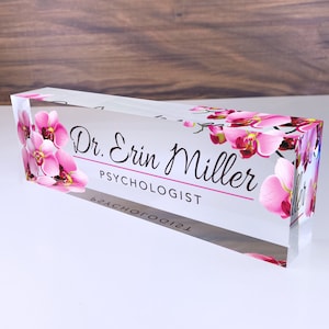 Artblox Office Desk Name Plate Personalized | Custom Name Plates for Desks | Flowers Designs On Clear Acrylic Glass | Office Desk Decor