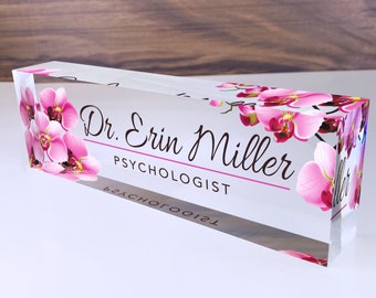 Artblox Office Desk Name Plate Personalized | Custom Name Plates for Desks | Flowers Designs On Clear Acrylic Glass | Office Desk Decor