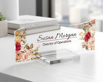 Peony Floral Acrylic Desk Name Plate: Personalized Office Decor