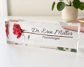 Artblox -Red Rose Clear Acrylic Name Block Personalized Desk Sign Elegant Modern Office Decor Professional