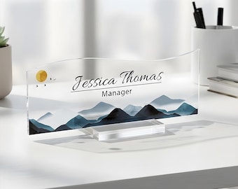 Personalized Acrylic Desk Name Plate, Mountain Office Decor