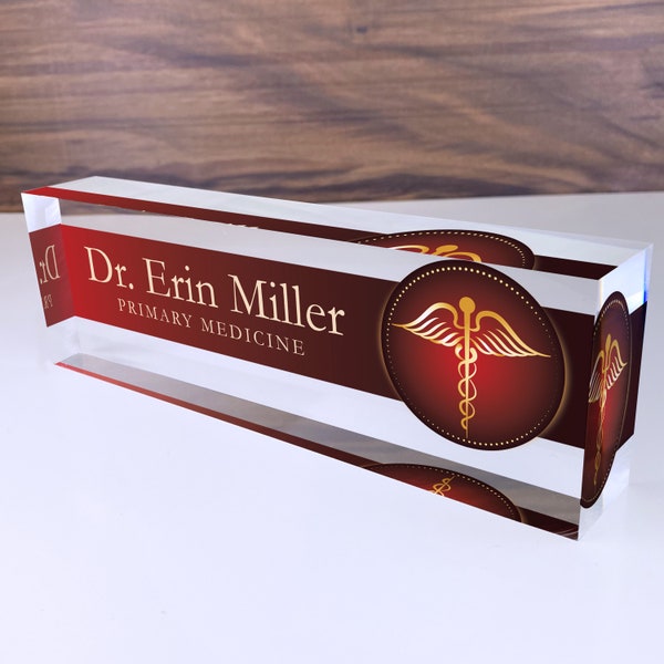 Personalized Name Plate for Desk | Medic Design On Clear Acrylic Glass | Custom Office Decor Nameplate Sign | Personalized Gift