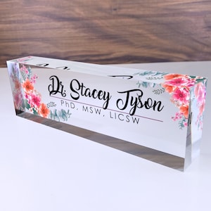 Personalized Name Plate for Desk | Flowers Wild Design On Clear Acrylic Glass | Custom Office Decor Nameplate Sign | Personalized Gift