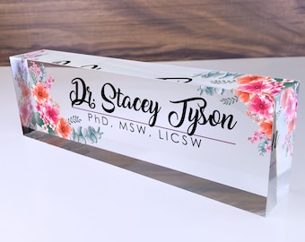 Personalized Name Plate for Desk | Flowers Wild Design On Clear Acrylic Glass | Custom Office Decor Nameplate Sign | Personalized Gift