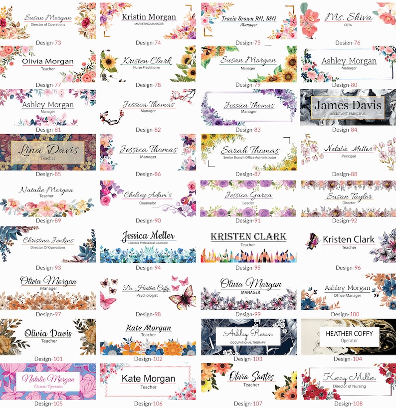 May include: A grid of 16 colourful name tags with floral and other decorative designs. Each tag features a name, job title, and a design number. The tags are ideal for teachers, staff, or volunteers.