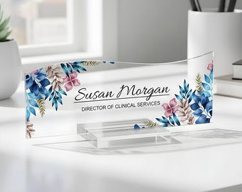 Personalized Floral Acrylic Desk Name Plate, Custom Office Sign