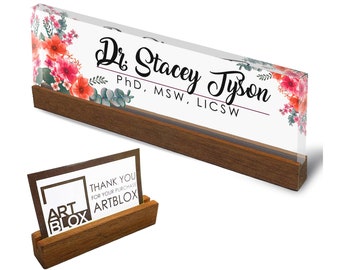 Personalized Office Desk Name Plate + Business Card Holder Customized Clear Acrylic Glass with Teak Wood Stand Mixed Flowers Design