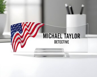 US Flag Acrylic Desk Name Plate, Personalized Office Decor
