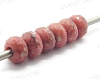 Natural Pink Thulite, European Beads,Big Hole Beads,Fine Polished Big Hole Beads, Rose Cut Rondelle Beads 8x15mm Size 2mm-8mm Hole 5 Pcs