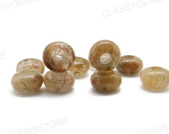 Natural Copper Rutile Quartz,European Beads,Big Hole Beads,Fine Polished Big Hole Beads,Smooth Rondelle Beads 8x15mm Size 2mm-8mm Hole 5 Pcs