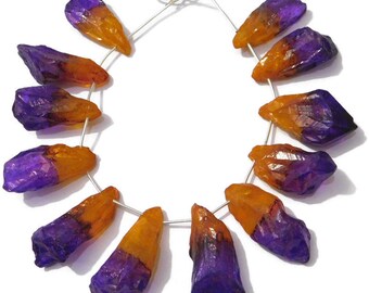 11 Pieces Natural Rock Crystal Mystic Multi Color Coated Side Drilled Rough-Pointed Stick Quartz Beads 16x34mm-19x38mm 438 Ct. D.Z.A. 09