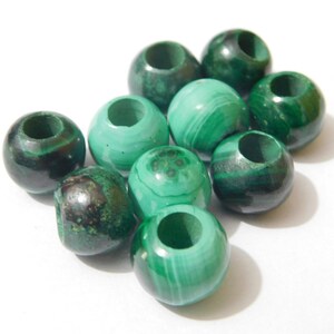 Natural Malachite Gemstone, Handmade Smooth Round Shape Beads, Big Hole Beads, European Bracelet Fit Charms, 8mm-14mm Size, 5mm Hole,5 Piece