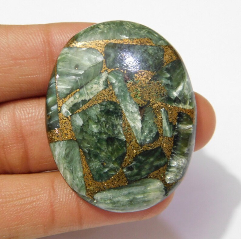 AC-51 Natural Seraphinite Smooth Oval Shape Cabochon Stone Size 32x41x6mm Approx 1 Piece 72.5 Ct