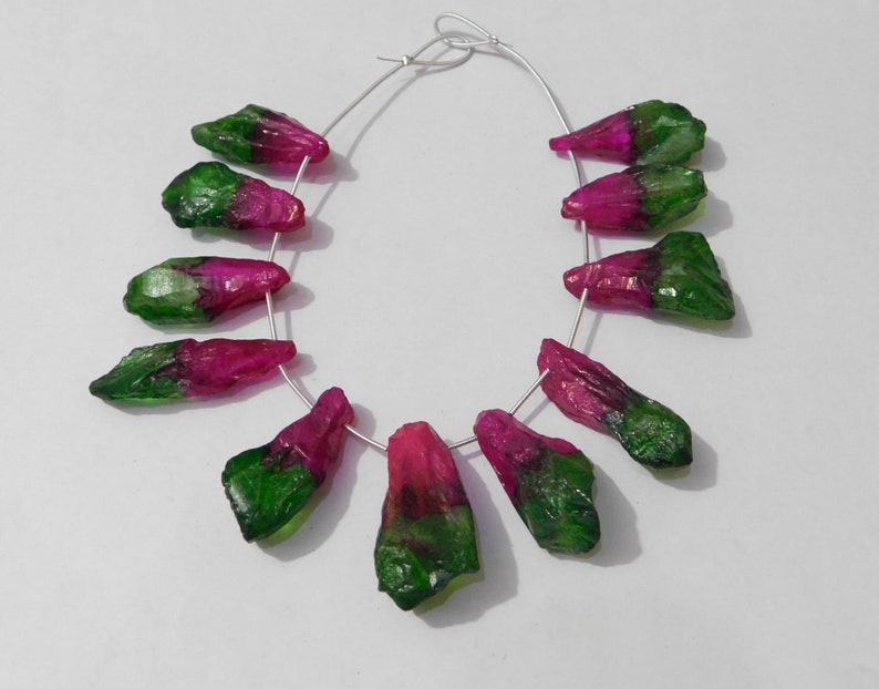 11 Pieces Natural Rock Crystal Mystic Multi Color Coated Side Drilled Rough-Pointed Stick Quartz Beads 16x34mm-19x38mm 438 Ct. D.Z.A. 09