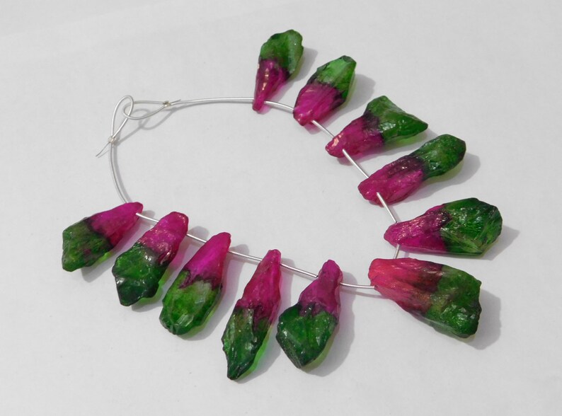 11 Pieces Natural Rock Crystal Mystic Multi Color Coated Side Drilled Rough-Pointed Stick Quartz Beads 16x34mm-19x38mm 438 Ct. D.Z.A. 09