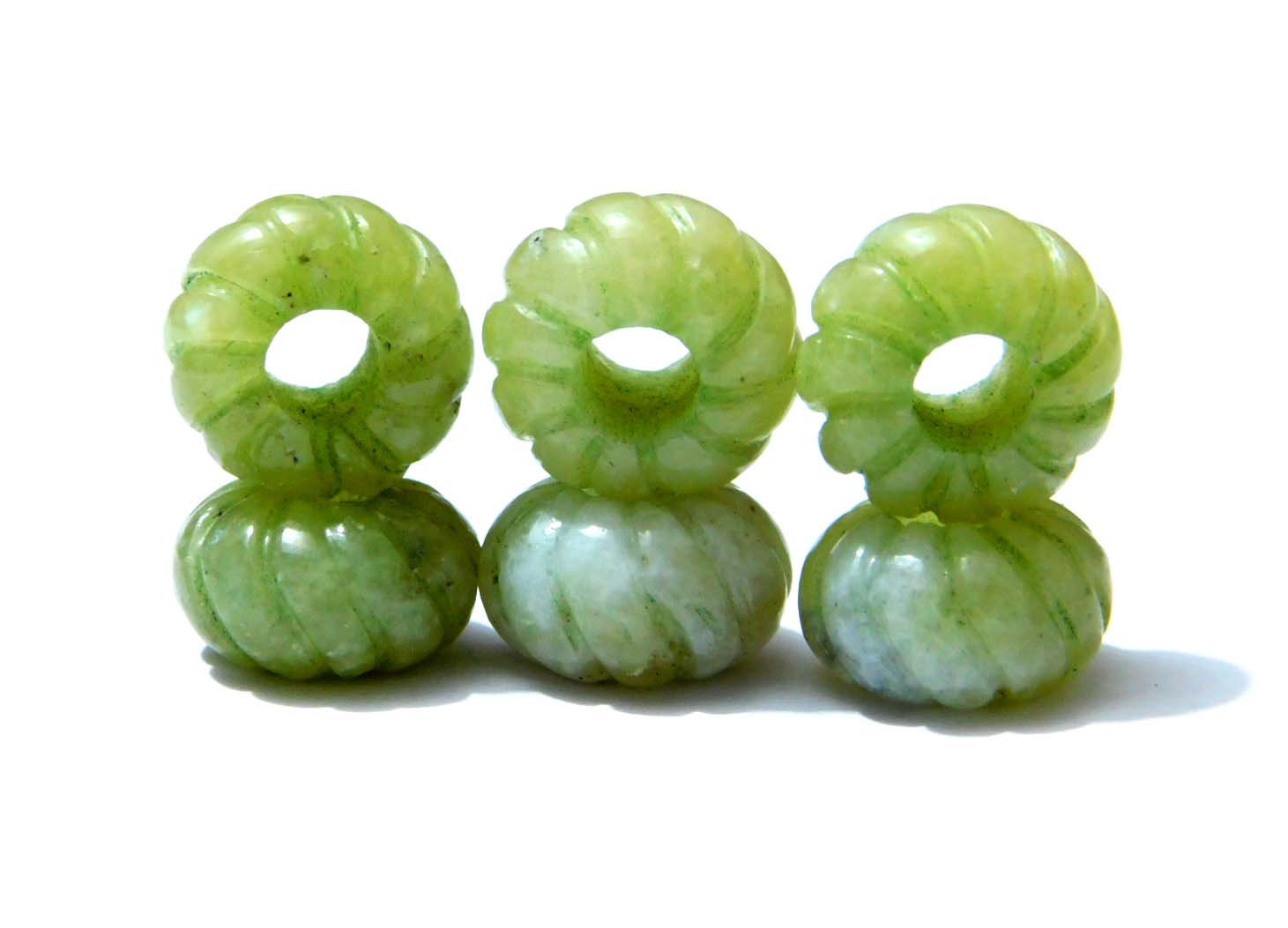 Natural Green Jade Gemstone, European Beads, Fine Polished Beads, Mellon Carved Rondelle Beads, Big Hole Beads, 8x14mm Size, 5mm Hole, 5 Pcs