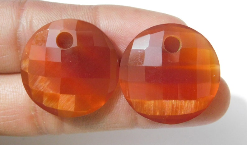 Red Cats Eye Quartz Step Cut Round Shape Briolette Loose Beads 24x24x7mm Hole Size 4mm 1 Matched Pair 53 Ct