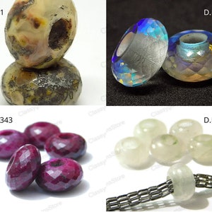 May include: Four sets of beads, each with a different colour and texture. The first set is two brown and white agate beads, the second set is two clear iridescent glass beads, the third set is five dark red ruby beads, and the fourth set is six white jade beads with a silver chain.