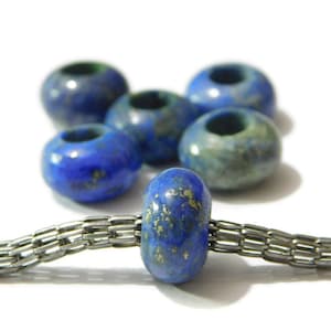 Natürliche Lapislazuli, handgefertigt glatt, Rondelle Perlen, Großloch Perlen, European Charms, Großloch Perlen, 8 x 15 mm Größe, 5 mm Loch, 5 Stück