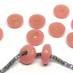 Simulated Pink Jade Gemstone, European Bracelet Fit Charms Beads, Rose Cut Wheel Shape Beads, Big Hole Beads, 8x15mm Size, 5mm Hole, 5 Piece