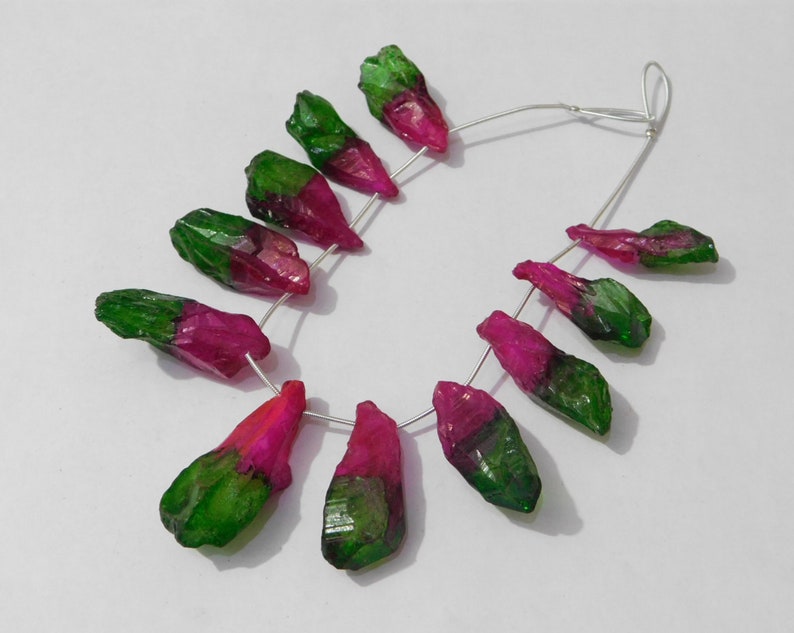 11 Pieces Natural Rock Crystal Mystic Multi Color Coated Side Drilled Rough-Pointed Stick Quartz Beads 16x34mm-19x38mm 438 Ct. D.Z.A. 09