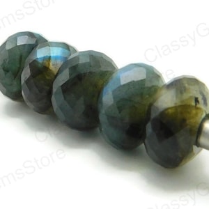 Natural Labradorite, European Beads, Big Hole Beads, Fine Polished Big Hole Beads, Faceted Rondelle Beads, 8x15mm Size,5mm Hole 5 Pcs L.E.05