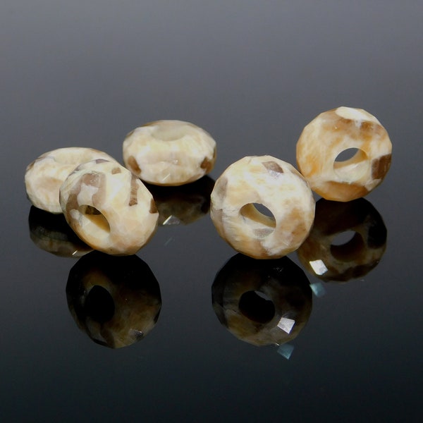 Jaspe zébré naturel, breloques façon bracelet européen, Perles grand trou, Perles en forme de rondelles taillées en rose, 9 x 15 mm, trou 5 mm, 5 pièces