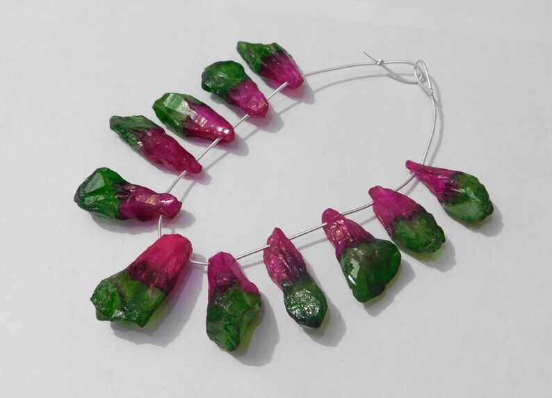 11 Pieces Natural Rock Crystal Mystic Multi Color Coated Side Drilled Rough-Pointed Stick Quartz Beads 16x34mm-19x38mm 438 Ct. D.Z.A. 09