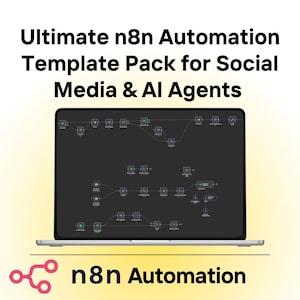 Könnte beinhalten: Ein Laptop zeigt ein komplexes Workflow-Diagramm. Der Text oben lautet "Ultimate n8n Automation Template Pack for Social Media & AI Agents". Am unteren Rand des Bildes steht "n8n Automation" mit einem rosa Logo.