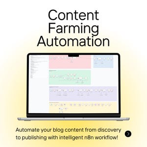 Op de afbeelding: Een laptop met een workflowdiagram en de tekst "Content Farming Automation". Het scherm toont een reeks verbonden knooppunten in verschillende kleuren. Daaronder staat: "Automatiseer uw blogcontent van ontdekking tot publicatie met intelligente n8n workflow!"