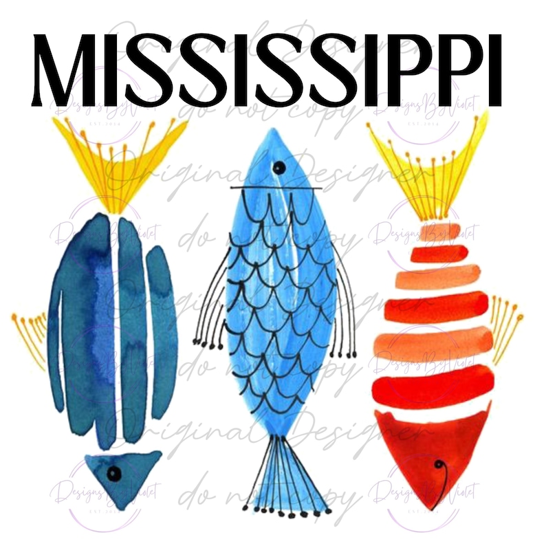 K&ouml;nnte beinhalten: Drei Aquarell-Fischillustrationen in einem stilisierten Design. Die Fische sind blau, rot und orange mit gelben Akzenten. Das Wort "MISSISSIPPI" ist oben im Bild in Schwarz geschrieben.