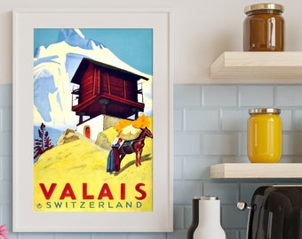 Valais, retro poster, Switzerland travel ad poster, High Resolution digital file, ready to DOWNLOAD & PRINT, printable on any surface