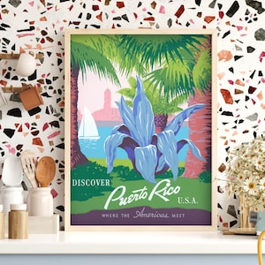 Descubra Puerto Rico, cartel publicitario de viajes antiguo de 1936, archivo digital listo para DESCARGAR E IMPRIMIR.
