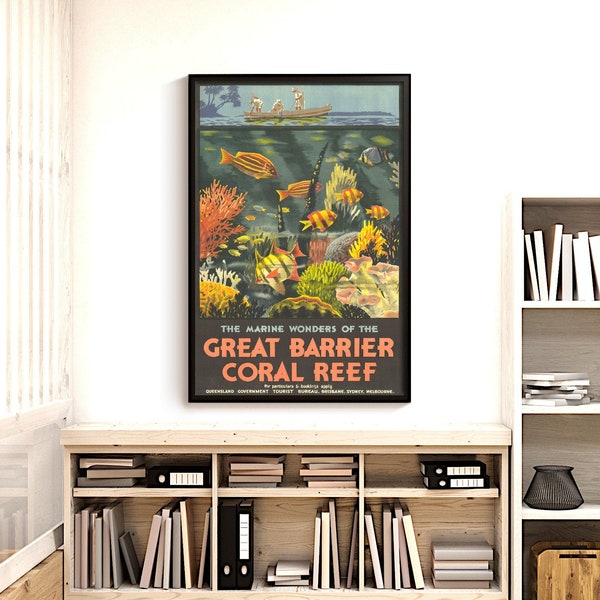 Great Barrier Coral Reef, 1933 Australian government travel ad poster fully restored to HQ file, large size, ready to DOWNLOAD & PRINT