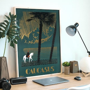 Cáucaso, cartel publicitario de viaje ruso de la década de 1910, ¡archivo digital listo para DESCARGAR E IMPRIMIR!