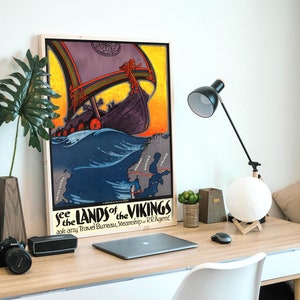 Vea las Tierras de los Vikingos, cartel publicitario de viaje sueco de 1936, ¡archivo digital listo para DESCARGAR E IMPRIMIR!