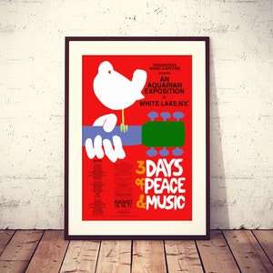 Cartel original del festival de Woodstock 3 días de paz y música de 1969, listo para descargar e imprimir en formato HQ