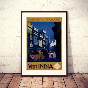 A Street by Moonlight, 1920 original indian railway ad poster, vintage poster digitized, HQ file, downloadable, printable, home decoration