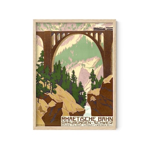 Cartel publicitario de viaje de Rhaetische Bahn, Suiza 1909, archivo digital listo para DESCARGAR E IMPRIMIR.