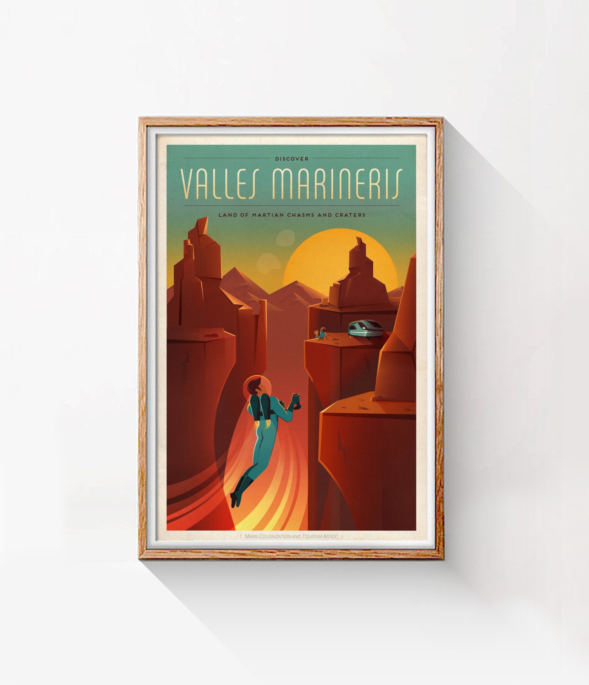Valles Marineris, Mars. Artwork of astronauts overlooking the Valles Marineris canyon system as the Sun sets. It is found on Mars, the fourth planet i Stock Photo