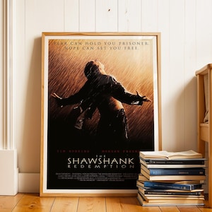 Puede incluir: Póster enmarcado de la película "Cadena perpetua" con la frase "El miedo puede aprisionarte. La esperanza puede liberarte." La imagen muestra a un hombre bajo la lluvia. Una pila de libros se encuentra debajo.