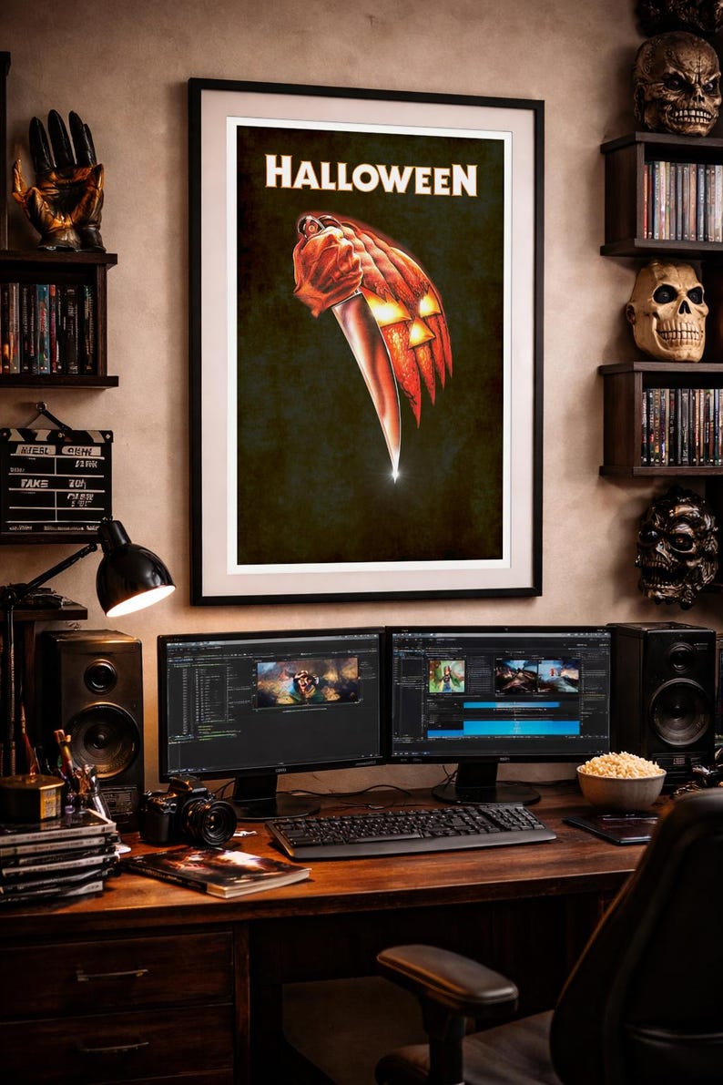 Peut inclure: Une affiche murale encadr&eacute;e intitul&eacute;e HALLOWEEN pr&eacute;sentant une illustration graphique d'une t&ecirc;te de citrouille orange sculpt&eacute;e aux yeux brillants tenant un grand couteau de cuisine argent&eacute; sur un fond sombre et textur&eacute;.