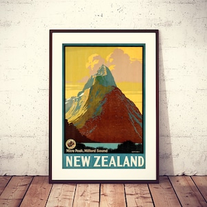 Nueva Zelanda Mitre Peak, Milford Sound, cartel publicitario de viajes vintage, obra de arte original, completamente restaurado, archivo digital, listo para DESCARGAR E IMPRIMIR
