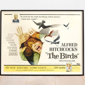 The Birds, película estadounidense de suspenso y terror natural de 1963, póster vintage digital listo para DESCARGAR E IMPRIMIR.