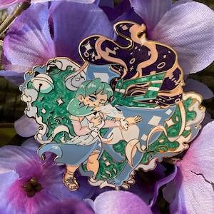2.55” SS Kris and Water Kitty Gold Hard Enamel Pin with Opalescent and Screenprinted Effects - Johto Masters Gaming Jacket Lapel Pin Badge